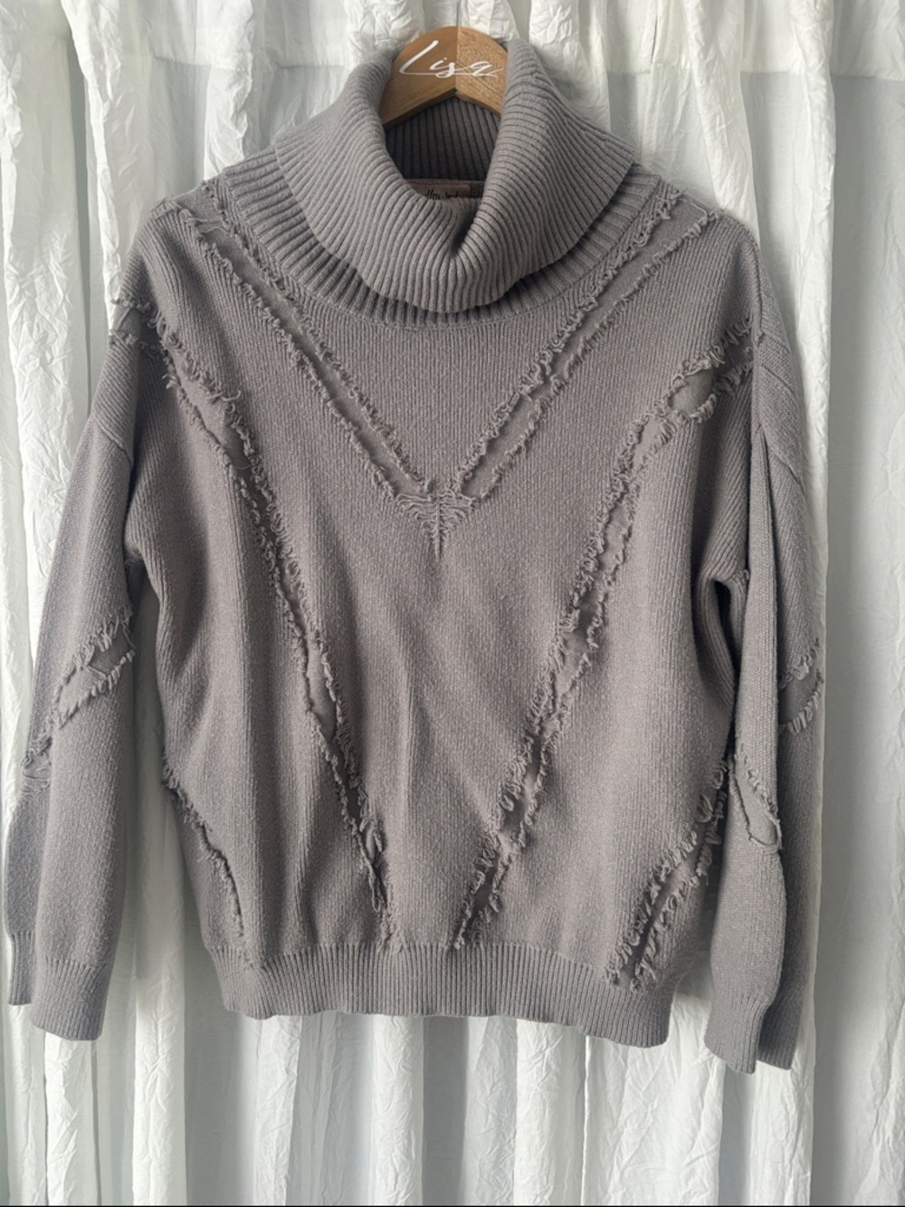 Cowl Neck Distressed Knit Sweater - Taupe